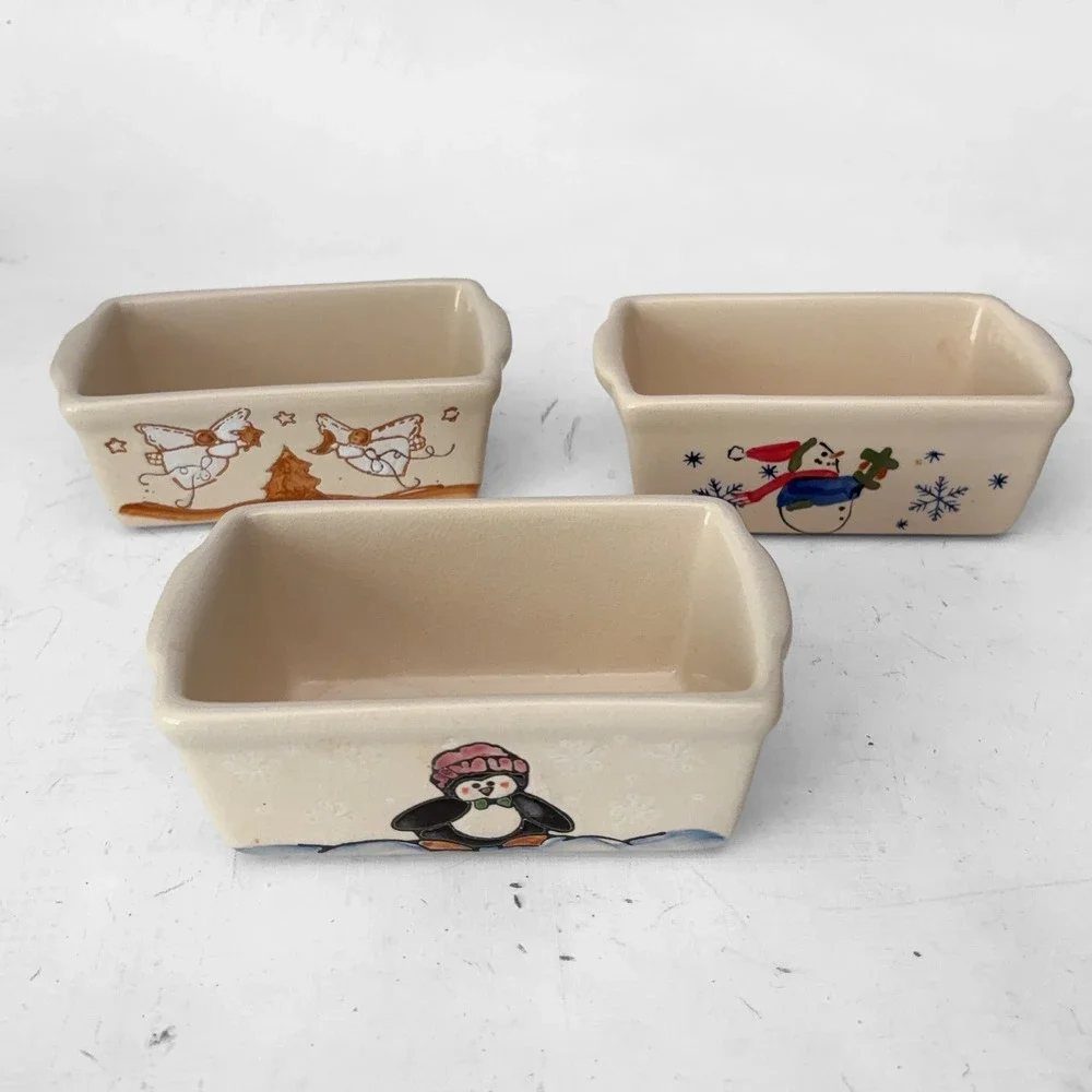 Garden Ridge Christmas Mini Loaf Pan Set 3 Snowman Penguin Angel Stoneware